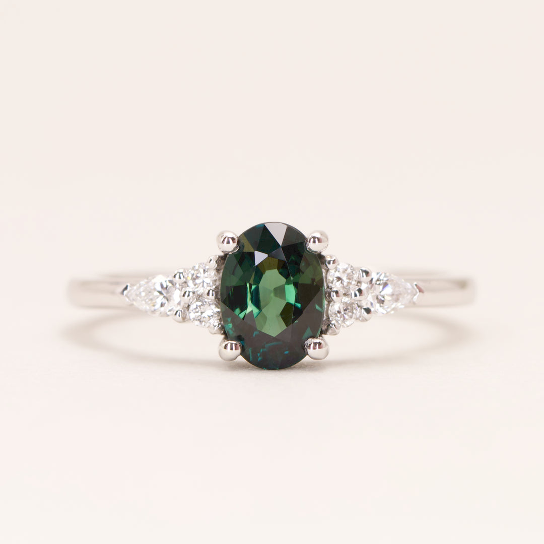 Alana - Oval Cut Blue Teal Sapphire Floral Cluster Engagement Ring - Ready-to-Wear Engagement Rings - Ready-to-Ship
