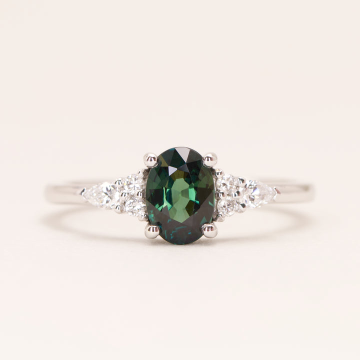 Alana - Oval Cut Blue Teal Sapphire Floral Cluster Engagement Ring - Ready-to-Wear Engagement Rings - Ready-to-Ship