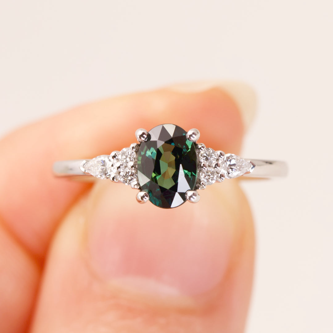 Alana - Oval Cut Blue Teal Sapphire Floral Cluster Engagement Ring - Ready-to-Wear Engagement Rings - Ready-to-Ship