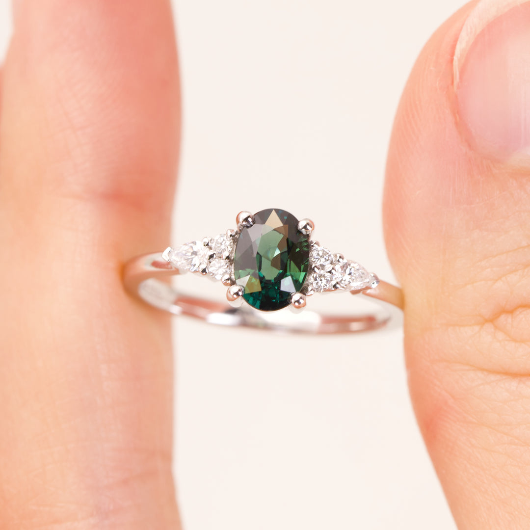 Alana - Oval Cut Blue Teal Sapphire Floral Cluster Engagement Ring - Ready-to-Wear Engagement Rings - Ready-to-Ship
