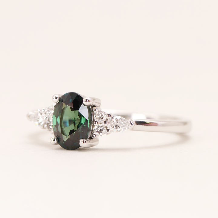 Alana - Oval Cut Blue Teal Sapphire Floral Cluster Engagement Ring - Ready-to-Wear Engagement Rings - Ready-to-Ship