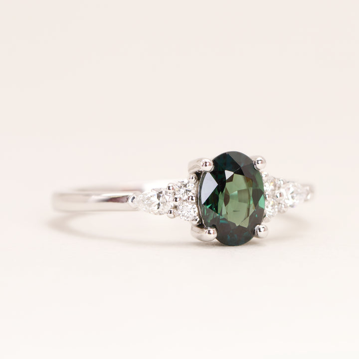Alana - Oval Cut Blue Teal Sapphire Floral Cluster Engagement Ring - Ready-to-Wear Engagement Rings - Ready-to-Ship