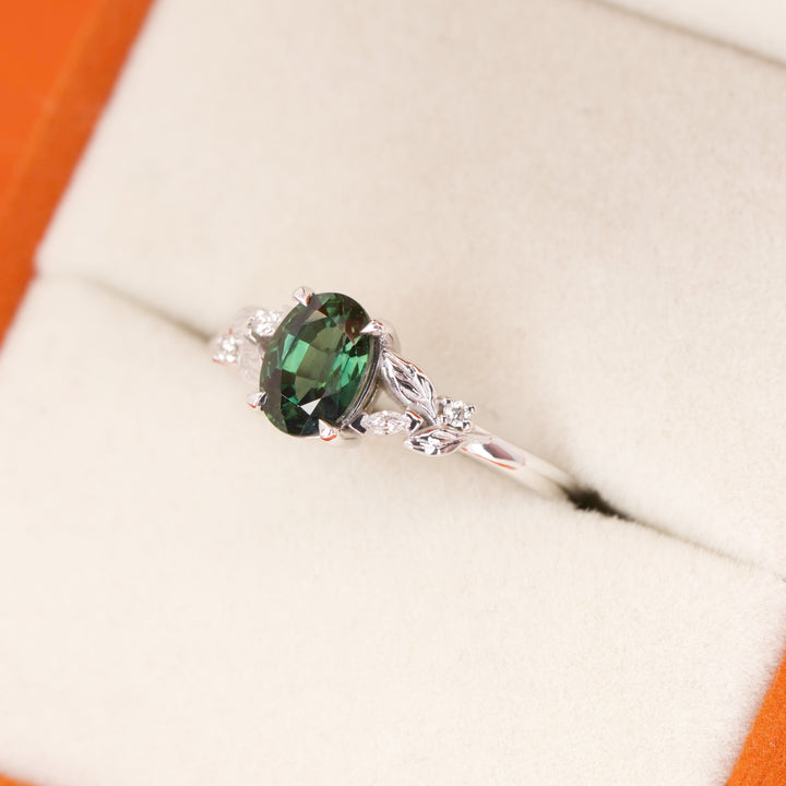Amy - Oval Teal Sapphire Floral Nature-Inspired Split Shoulder Engagement Ring - Ready-to-Wear Engagement Rings - Ready-to-Ship