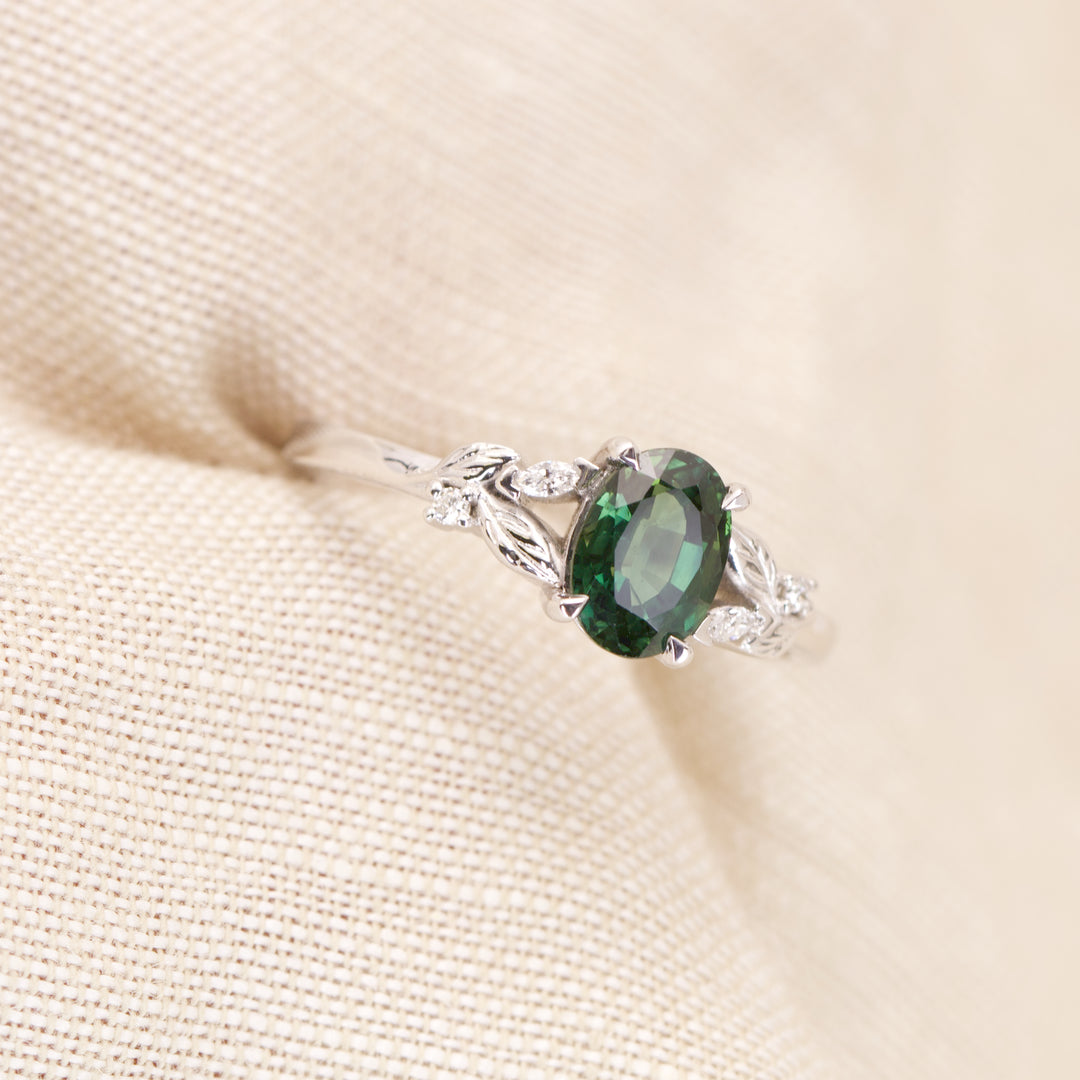 Amy - Oval Teal Sapphire Floral Nature-Inspired Split Shoulder Engagement Ring - Ready-to-Wear Engagement Rings - Ready-to-Ship