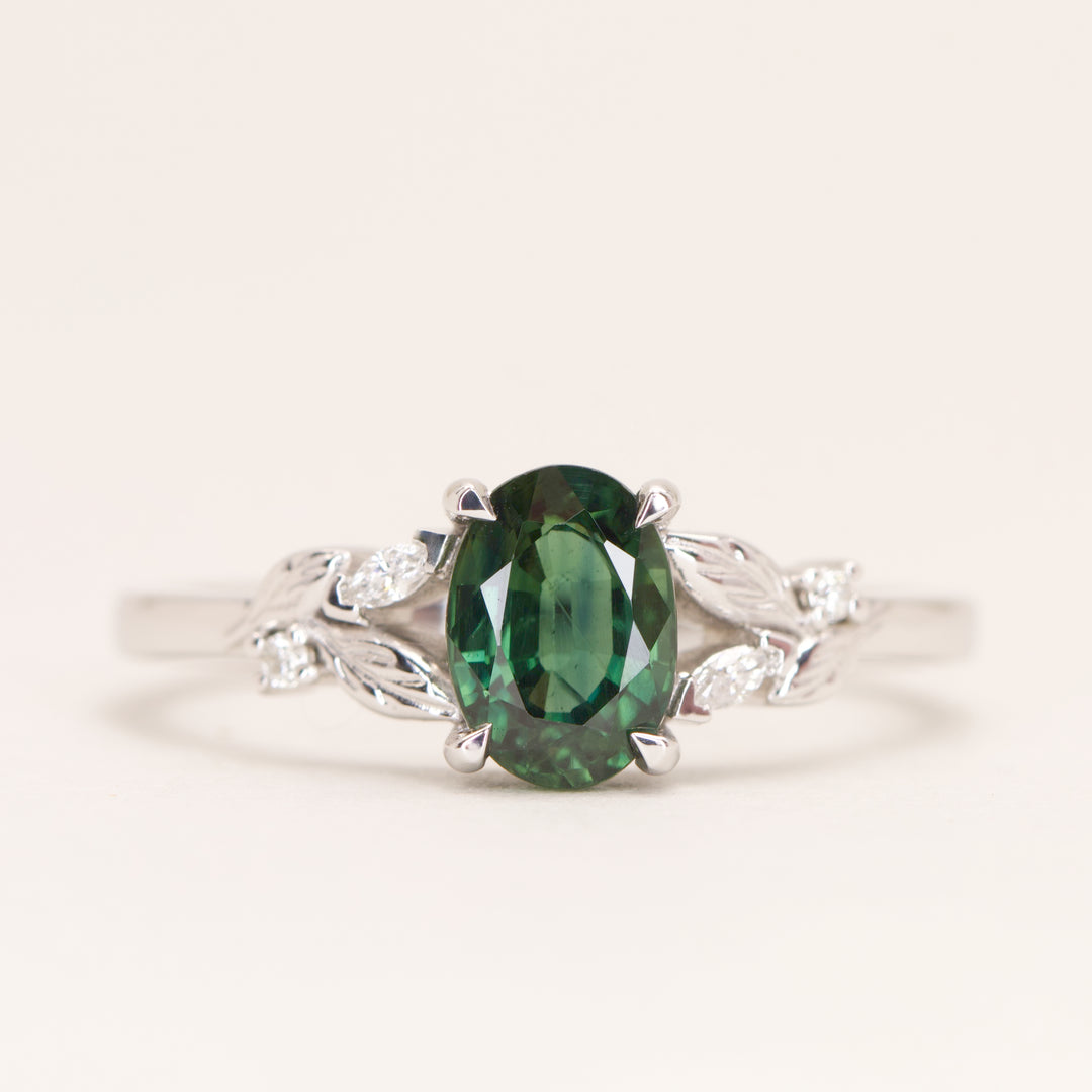 Amy - Oval Teal Sapphire Floral Nature-Inspired Split Shoulder Engagement Ring - Ready-to-Wear Engagement Rings - Ready-to-Ship