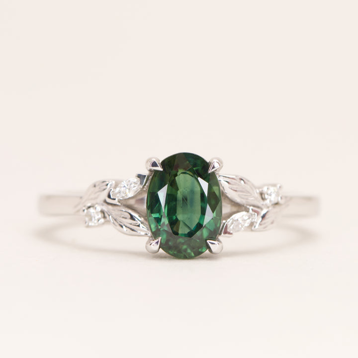 Amy - Oval Teal Sapphire Floral Nature-Inspired Split Shoulder Engagement Ring - Ready-to-Wear Engagement Rings - Ready-to-Ship