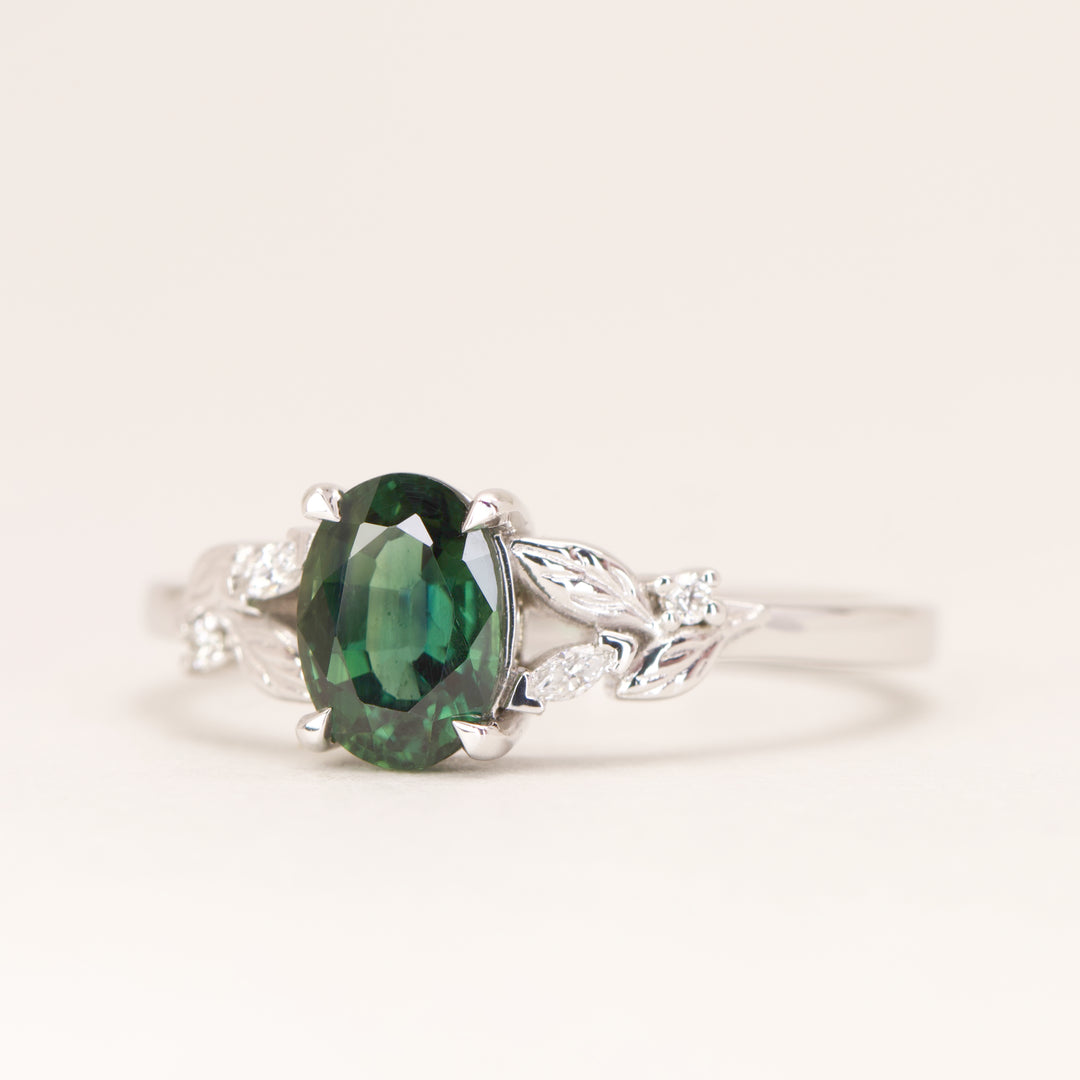 Amy - Oval Teal Sapphire Floral Nature-Inspired Split Shoulder Engagement Ring - Ready-to-Wear Engagement Rings - Ready-to-Ship