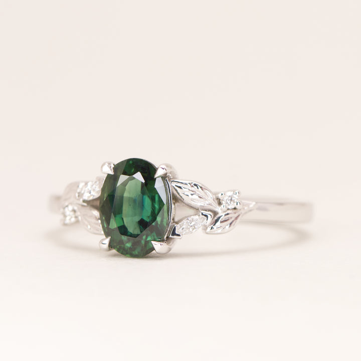 Amy - Oval Teal Sapphire Floral Nature-Inspired Split Shoulder Engagement Ring - Ready-to-Wear Engagement Rings - Ready-to-Ship
