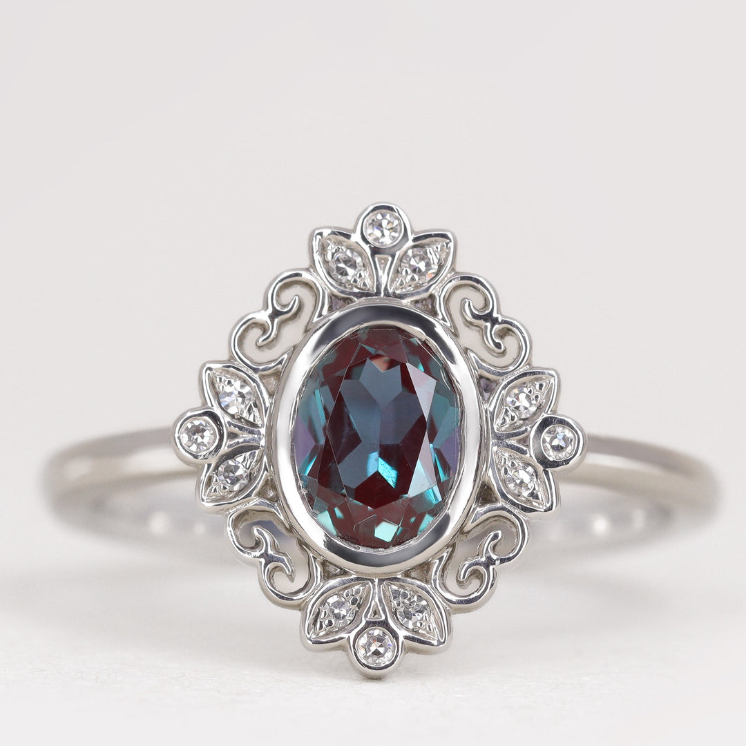 Annette - Oval Lab-Grown Alexandrite Halo Engagement Ring - Ready-To-Wear Engagement Rings - Ready-to-Ship