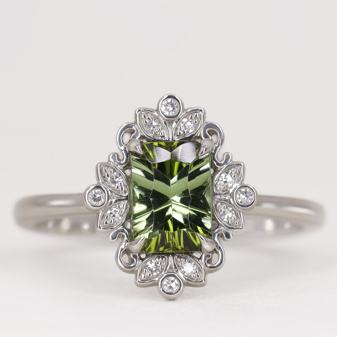 Annette - Emerald Cut Green Tourmaline Halo Engagement Ring - Ready-To-Wear Engagement Rings - Ready-to-Ship