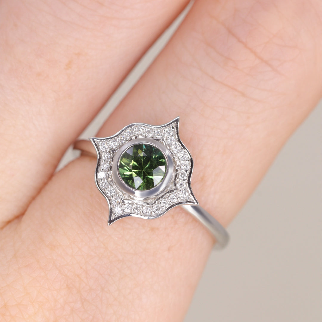 Green teal sapphire Art Deco platinum engagement ring