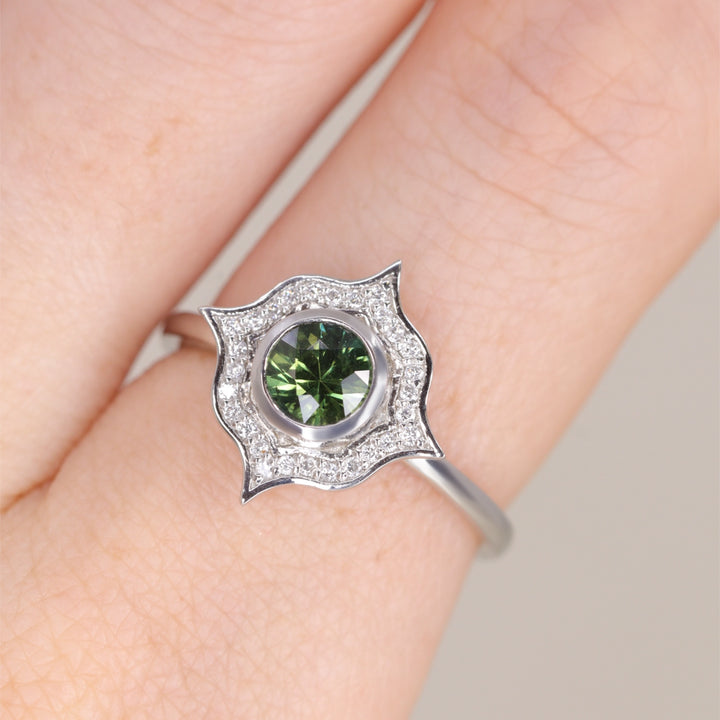 Green teal sapphire Art Deco platinum engagement ring