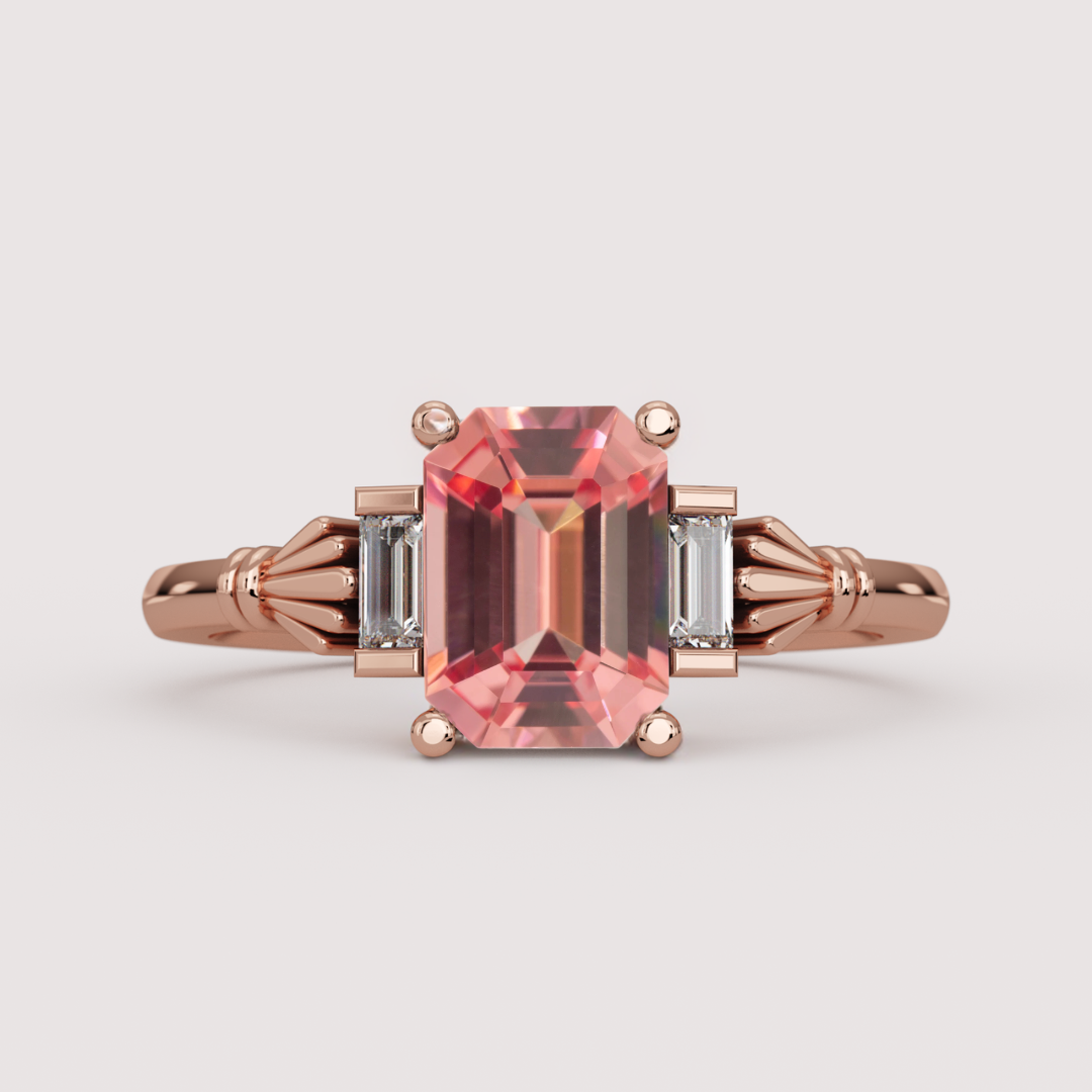 Aoife - Emerald Cut Lab Grown Padparadscha Sapphire Claddagh Inspired Trilogy Made-to-Order Engagement Ring