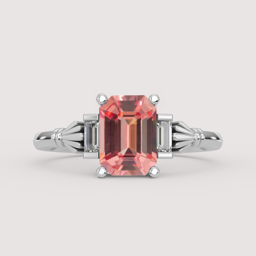 Aoife - Emerald Cut Lab Grown Padparadscha Sapphire Claddagh Inspired Trilogy Made-to-Order Engagement Ring