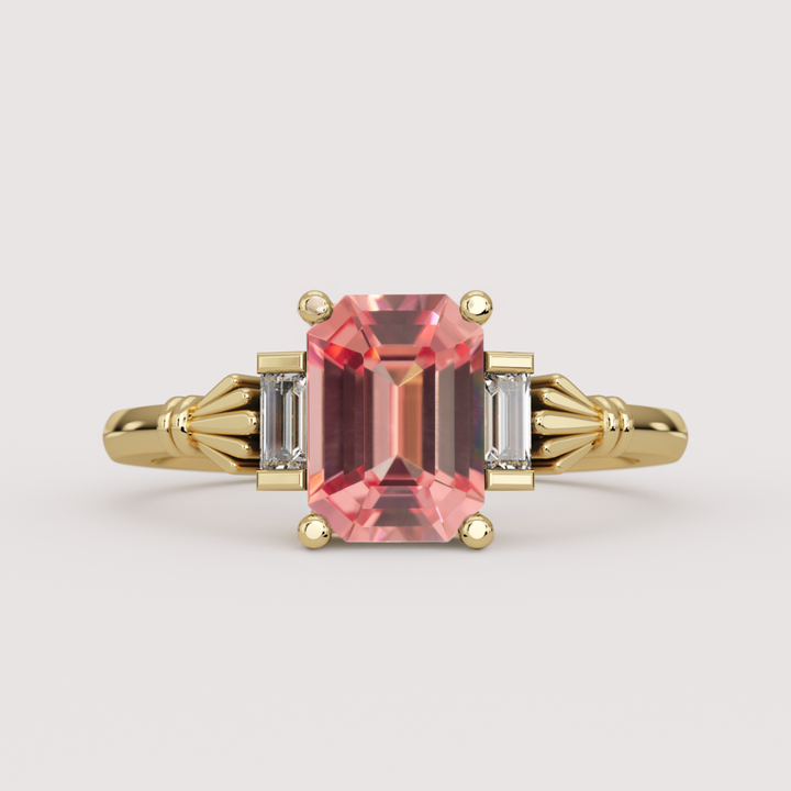 Aoife - Emerald Cut Lab Grown Padparadscha Sapphire Claddagh Inspired Trilogy Made-to-Order Engagement Ring