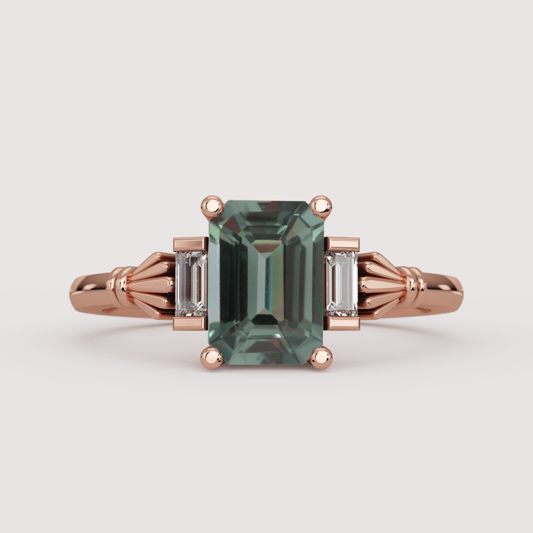 Aoife - Emerald Cut Lab Grown Teal Sapphire Claddagh Inspired Trilogy Made-to-Order Engagement Ring