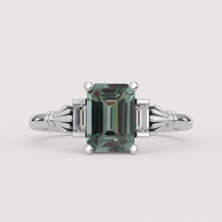 Aoife - Emerald Cut Lab Grown Teal Sapphire Claddagh Inspired Trilogy Made-to-Order Engagement Ring