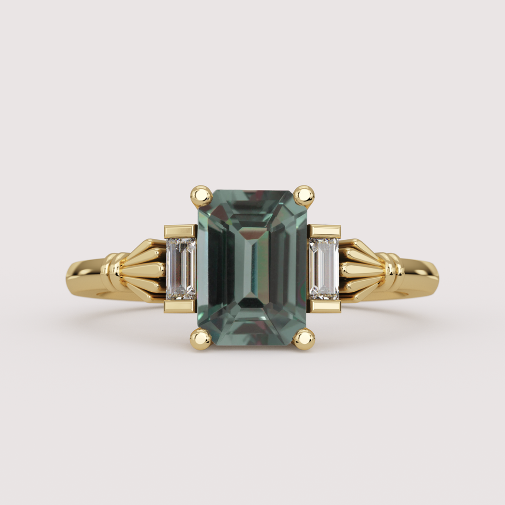 Aoife - Emerald Cut Lab Grown Teal Sapphire Claddagh Inspired Trilogy Made-to-Order Engagement Ring Engagement Rings - Made-to-Order