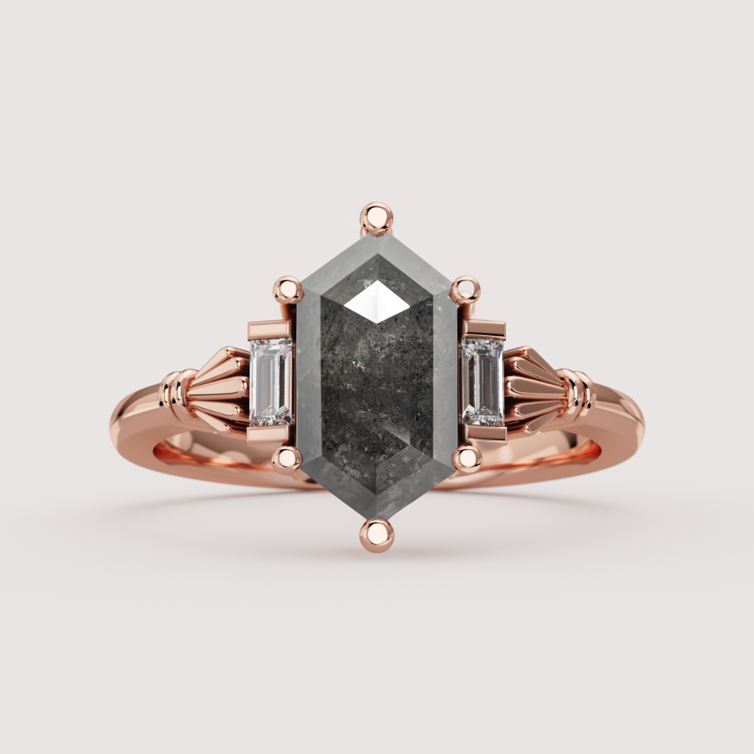 Aoife - Elongated Hexagon Cut Salt &amp; Pepper Diamond Claddagh Inspired Trilogy Custom Engagement Ring