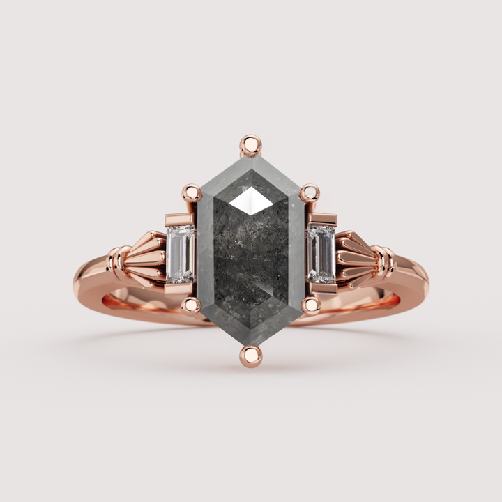 Aoife - Elongated Hexagon Cut Salt &amp; Pepper Diamond Claddagh Inspired Trilogy Custom Engagement Ring