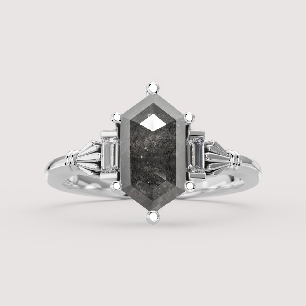 Aoife - Elongated Hexagon Cut Salt & Pepper Diamond Claddagh Inspired Trilogy Custom Engagement Ring Engagement Rings - Price On Application