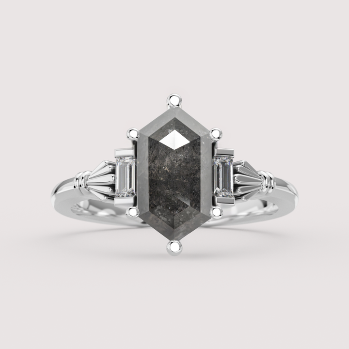 Aoife - Elongated Hexagon Cut Salt &amp; Pepper Diamond Claddagh Inspired Trilogy Custom Engagement Ring