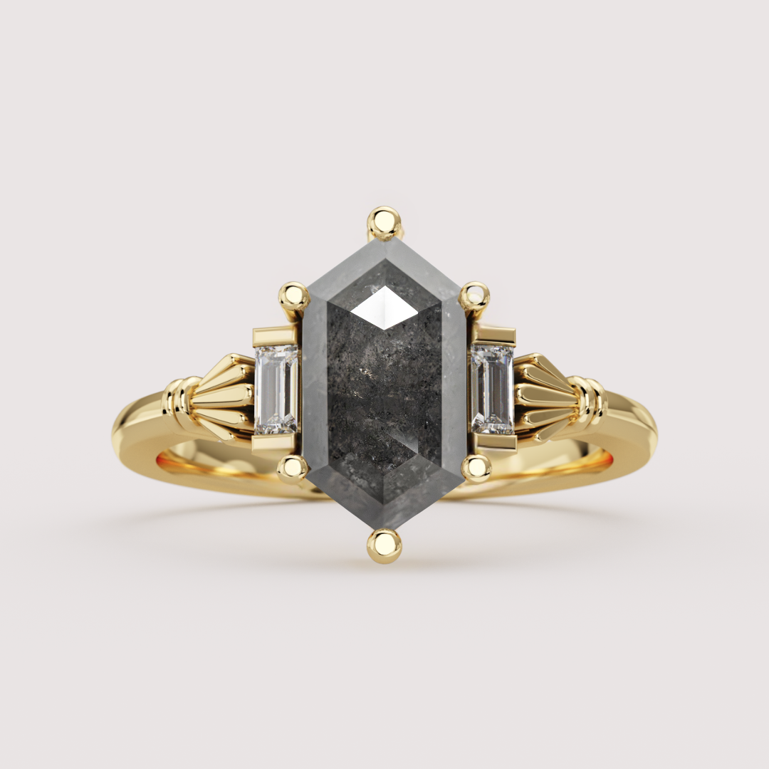 Aoife - Elongated Hexagon Cut Salt &amp; Pepper Diamond Claddagh Inspired Trilogy Custom Engagement Ring