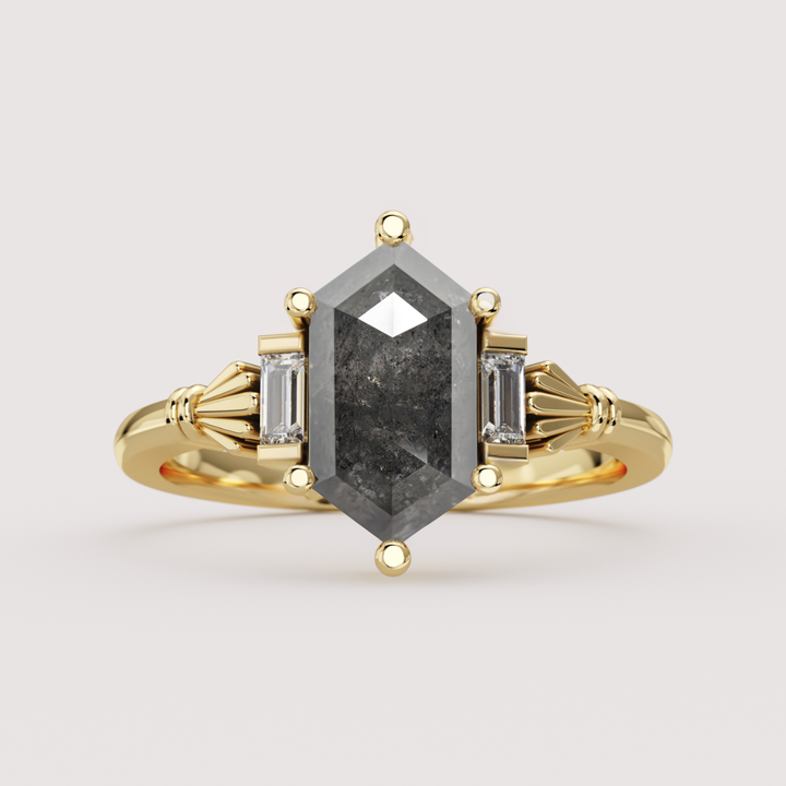 Aoife - Elongated Hexagon Cut Salt &amp; Pepper Diamond Claddagh Inspired Trilogy Custom Engagement Ring