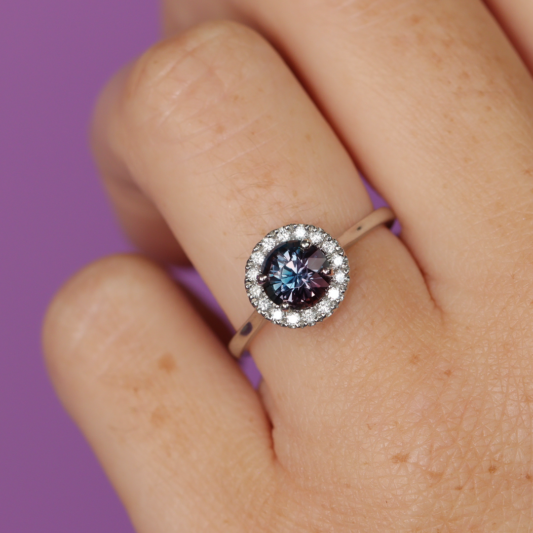 April - Colour-Change Sapphire Halo Ring - Ready-to-Wear Engagement Rings - Ready-to-Ship