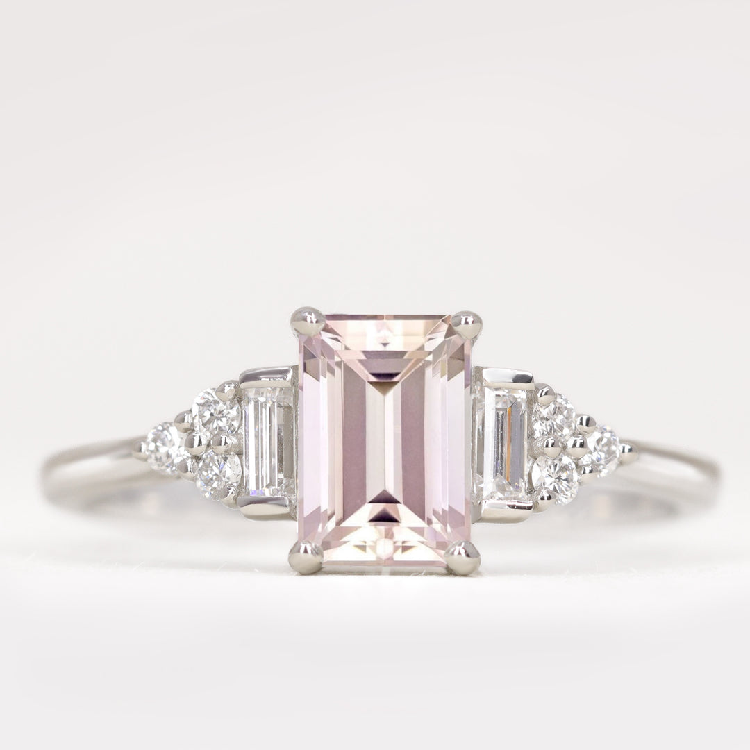 Art deco inspired emerald cut morganite and white diamond engagement ring