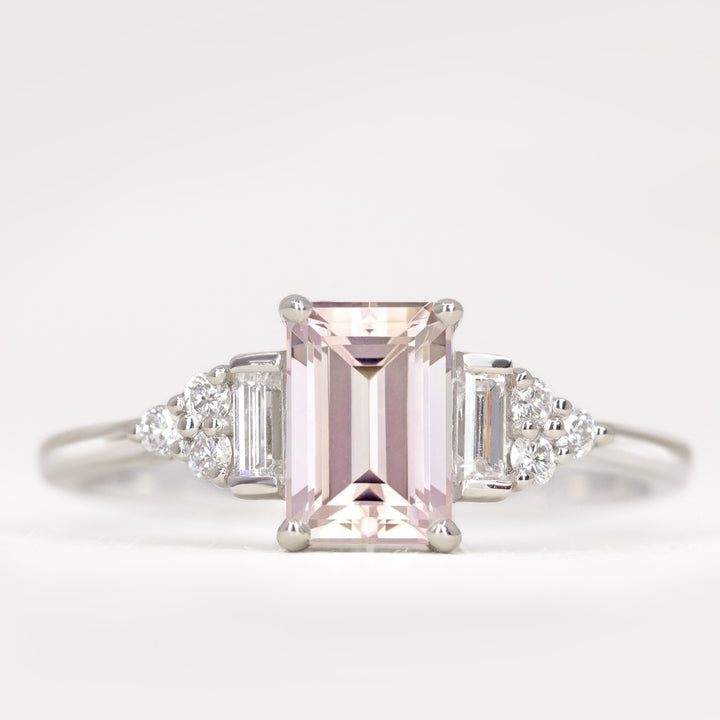 Art deco inspired emerald cut morganite and white diamond engagement ring