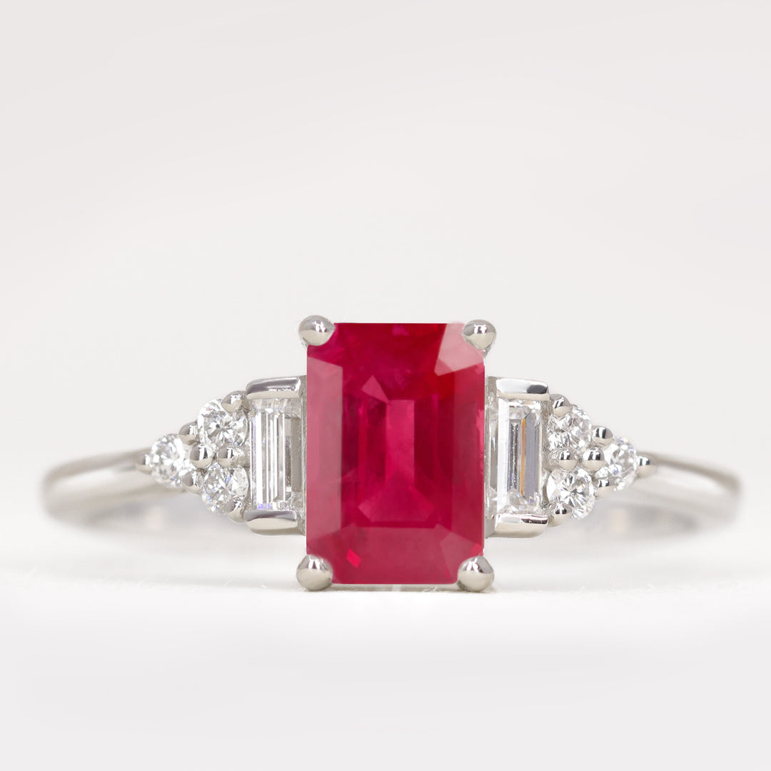 Art deco inspired emerald cut ruby and white diamond engagement ring