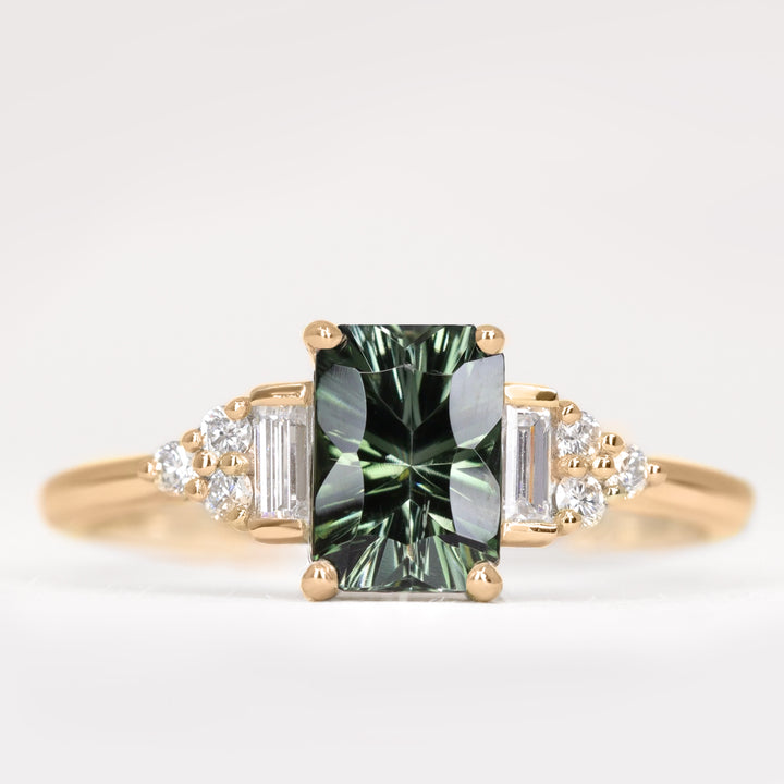 Art deco inspired engagement ring with green tourmaline and diamonds