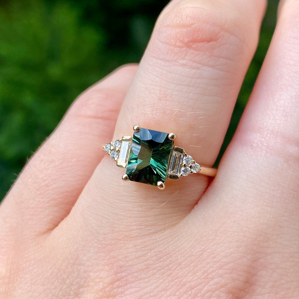 Art deco inspired engagement ring with green tourmaline and diamonds