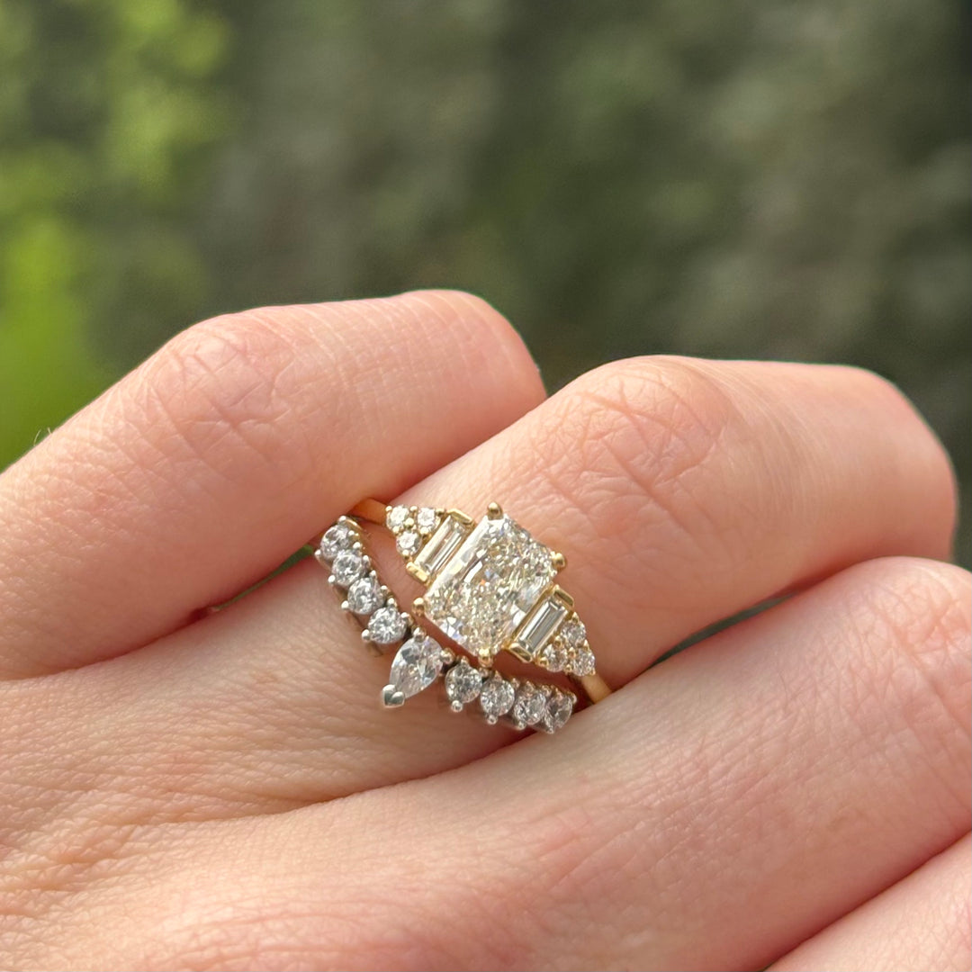 Art deco inspired radiant cut white diamond engagement ring