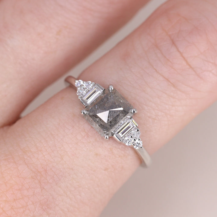 Arden - Emerald Cut Salt & Pepper Diamond Art Deco Engagement Ring - Ready-to-Wear Engagement Rings - Ready-to-Ship