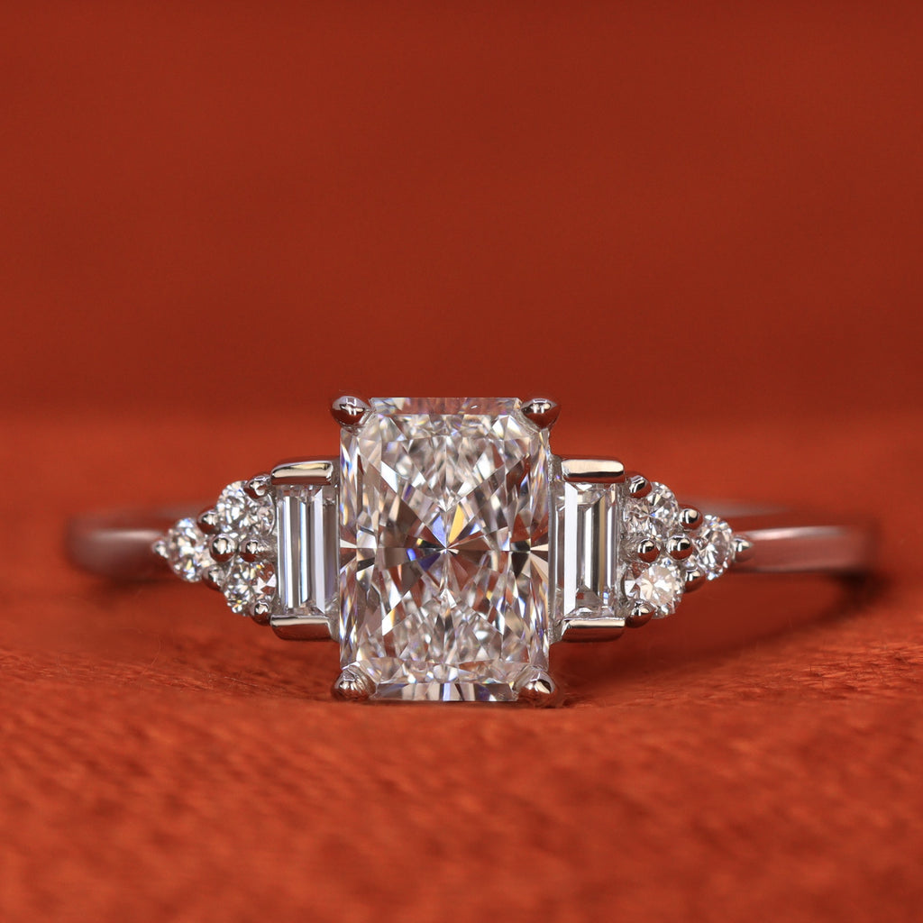 Solar powered lab grown radiant cut diamond engagement ring in platinum