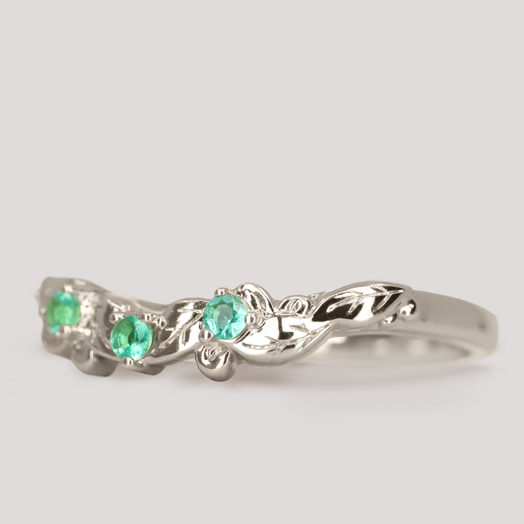 Willow - Leaf/Vine Detail Shaped Emerald or Diamond Set Wedding Ring - Made-To-Order