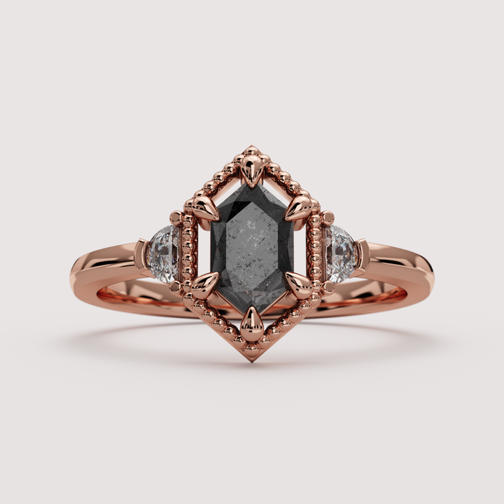 Blair - Hexagon Cut Salt &amp; Pepper Diamond Gothic Trilogy Custom Engagement Ring