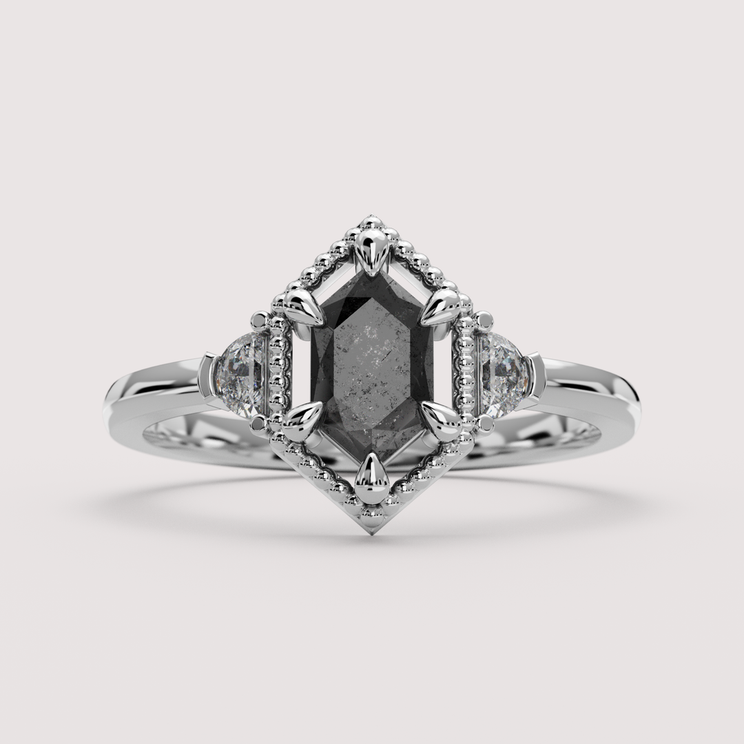 Blair - Hexagon Cut Salt &amp; Pepper Diamond Gothic Trilogy Custom Engagement Ring