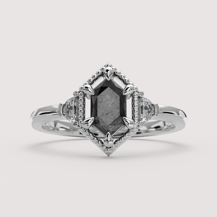 Blair - Hexagon Cut Salt &amp; Pepper Diamond Gothic Trilogy Custom Engagement Ring