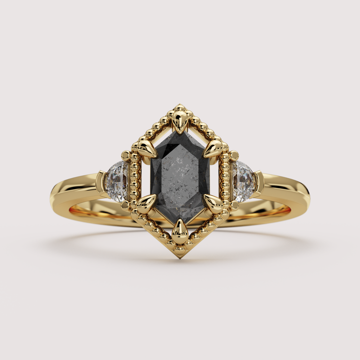 Blair - Hexagon Cut Salt &amp; Pepper Diamond Gothic Trilogy Custom Engagement Ring