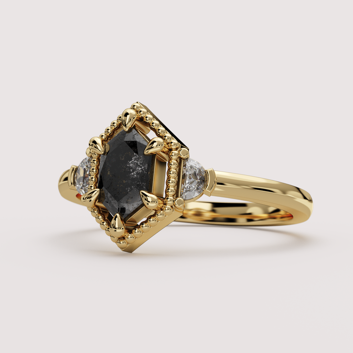 Blair - Hexagon Cut Salt &amp; Pepper Diamond Gothic Trilogy Custom Engagement Ring