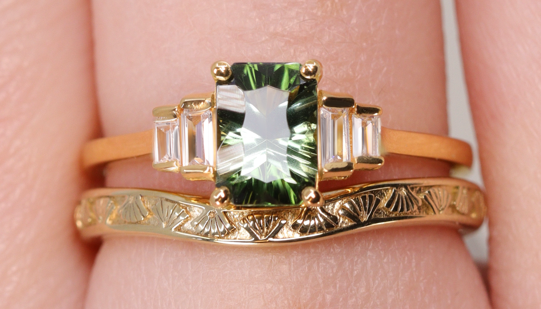 Green tourmaline engagement ring set
