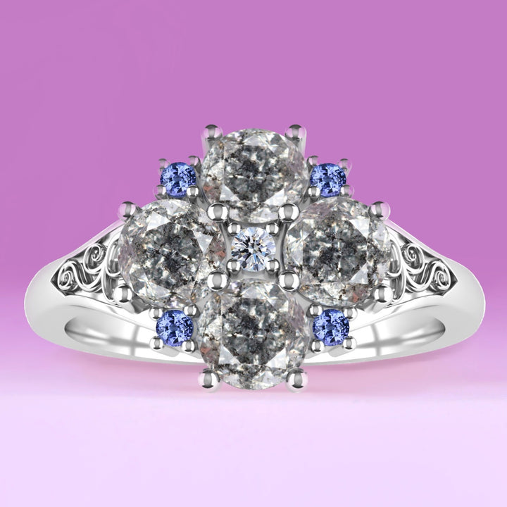 August - Salt & Pepper Diamond Bridgerton-Inspired Floral Engagement Ring