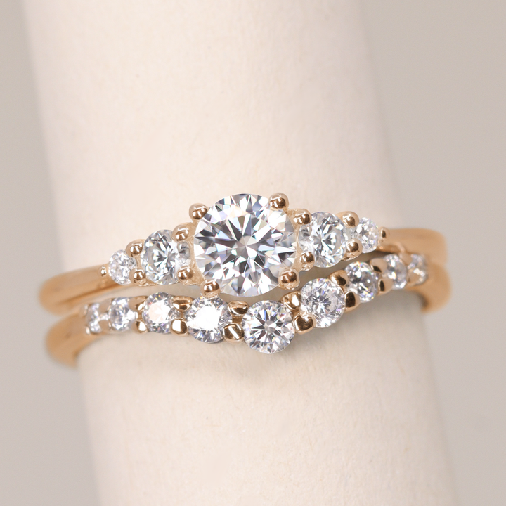 Bridal Set - Caitlin & Cleo - Round Lab Grown Diamond Five Stone Engagement Ring and Graduating Shaped Wedding Ring