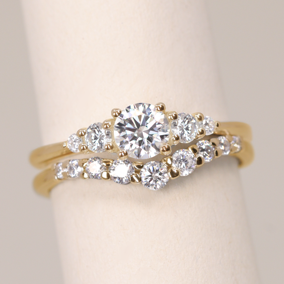Bridal Set - Caitlin & Cleo - Round Lab Grown Diamond Five Stone Engagement Ring and Graduating Shaped Wedding Ring