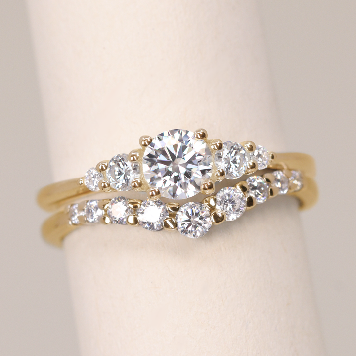 Bridal Set - Caitlin & Cleo - Round Lab Grown Diamond Five Stone Engagement Ring and Graduating Shaped Wedding Ring