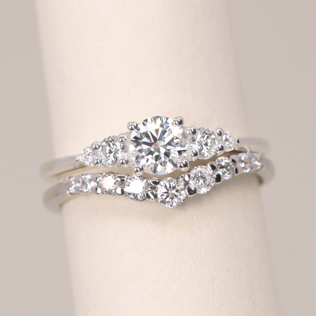 Bridal Set - Caitlin & Cleo - Round Lab Grown Diamond Five Stone Engagement Ring and Graduating Shaped Wedding Ring Bridal Sets