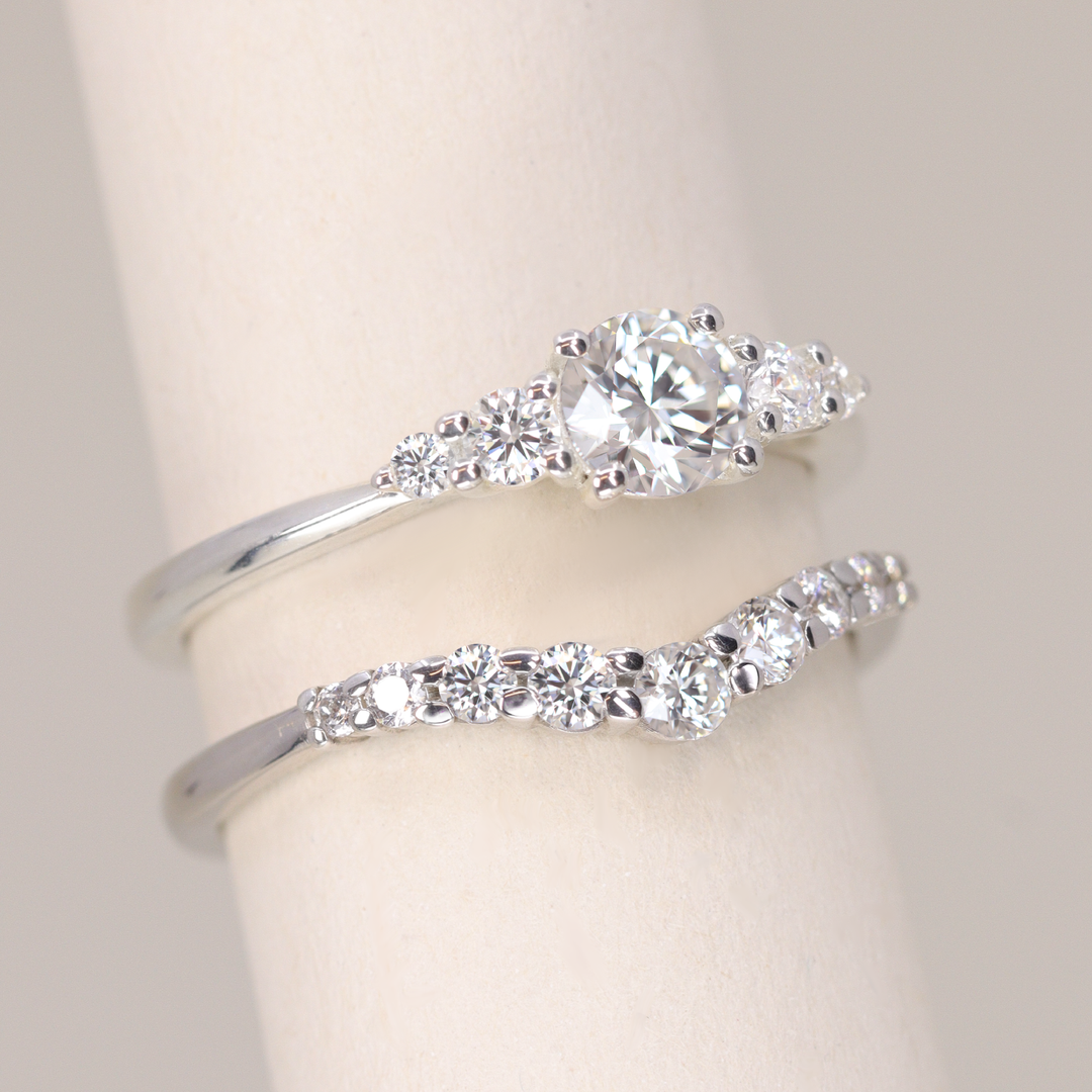 Bridal Set - Caitlin & Cleo - Round Lab Grown Diamond Five Stone Engagement Ring and Graduating Shaped Wedding Ring Bridal Sets